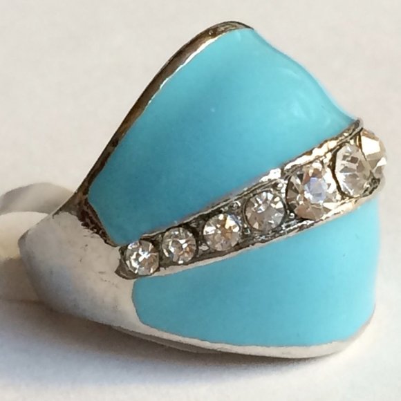 Aqua Blue Enamel Dome Cocktail Ring Size 6 7 Art Deco Crystal Silver Plated - Picture 4 of 7
